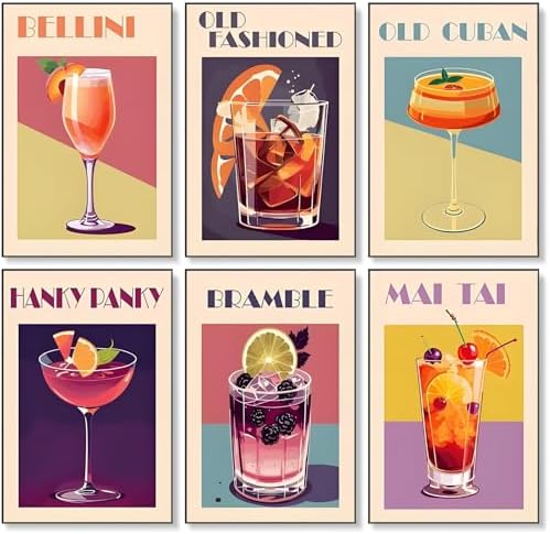 Fountor 6 Pack Paint by Numbers Kit for Adults Beginner, Cocktail Adult Paint by Number Kits on Canvas Without Frame, Cocktail Oil Painting by Numbers for Home Decor Gift 8” W x 12”L by Fountor
