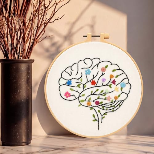 Fanfanwin 1 Set Brain Embroidery Kit for Beginner Floral Brain Cross Stitch Kits Easy Embroidery with Hoop, Needles, Threads, Instruction Threads Tools DIY Craft Art for Mental Health Mindfulness Gift - Image 4