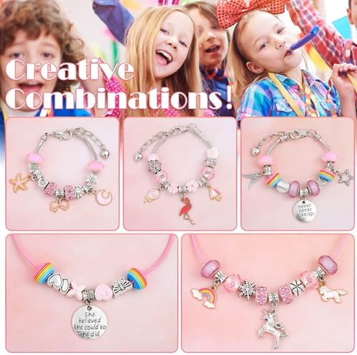 Flasoo DIY Charm Bracelet Making Kit, Jewelry Kit with Unicorn Mermaid Pink Stuff Craft Gifts for Birthday, Christmas, New Year - Image 5