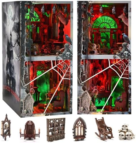 fifijoy Haunted Horror Book Nook Kit, DIY Miniature Dollhouse Halloween Booknook Kit, Spooky Creepy Scary 3D Wooden Puzzle Bookend Bookshelf Insert Decor with LED Light (Haunted Mansion) by fifijoy