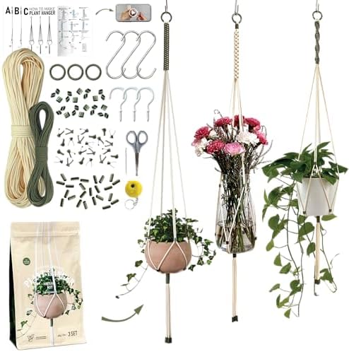 Macrame Kits for Beginners, 3 Set of Plant Hangers DIY Kit: Braided Polyester Ropes 50yds*5mm Ivory, 20yds*2mm Forest Green, 60+Pcs Supplies with Step-by-Step Easy Instructions (IVGR) by LETBE
