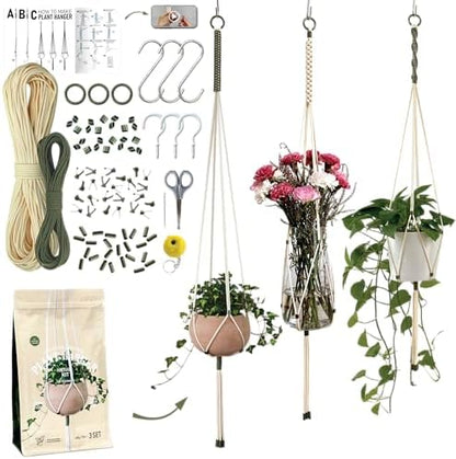 Macrame Kits for Beginners, 3 Set of Plant Hangers DIY Kit: Braided Polyester Ropes 50yds*5mm Ivory, 20yds*2mm Forest Green, 60+Pcs Supplies with Step-by-Step Easy Instructions (IVGR) by LETBE