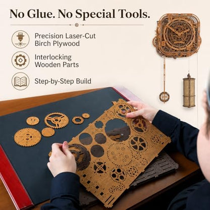 WOODEN.CITY 3D Wooden Puzzle – Gear Globe Wall Clock | Wooden Clock Puzzle Model Building Kit for Adults | 369 Pieces | Mechanical 3D Puzzle Clock | No Glue Required | Made in EU - Image 5