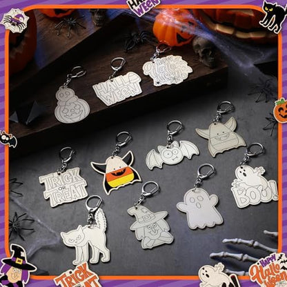 RattanView 24 Pcs Halloween Color Your Own Wooden Keychain Craft Kits - Image 3