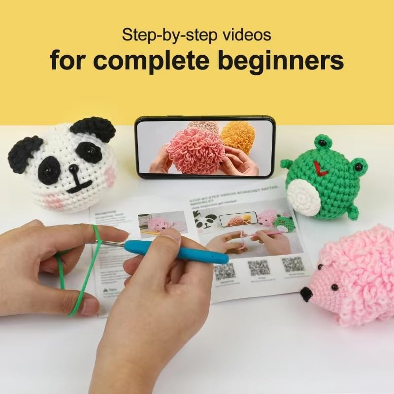 XSEINO Crochet Kit for Beginners - Crochet Start Kit with Step-by-Step Video Tutorials - Learn to Crochet Kits for Adults and Kids - Panda, Frog, Hedgehog - Image 3