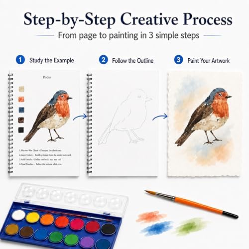 Teswarha Animals Watercolor Workbook With12 Sheets 300GSM Art Paper 16 Colors Watercolor Paint Set with 2 Watercolor Brushes Water Coloring Book Kit for Adults Teens 8.2 x 9.8in - Image 5