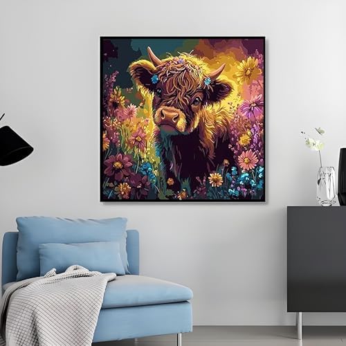 OJTOYART Highland Cattle Paint by Numbers Kit for Adults Beginners, Chrysanthemum Paint by Number Kits on Canvas, DIY Acrylic Oil Painting Kits for Home Wall Decor 16 x16 Inch - Image 4