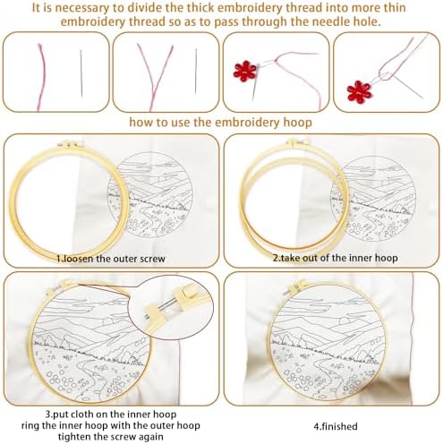 BEUNITONE 4 Set Fairy Tale Landscape Embroidery Kit for Beginners 7.9"x7.9" Pre-Stamped Pattern Needlepoint Kits with Hoop, Tools & Instruction, Handamde Embroidery Kits for Fabric and Home Decor - Image 3