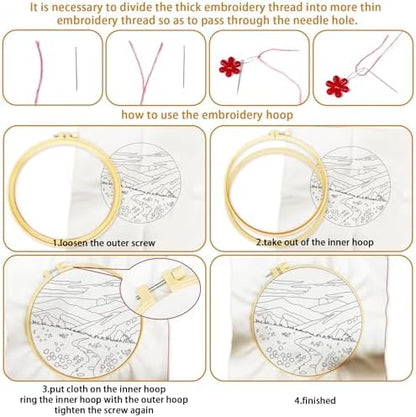 BEUNITONE 4 Set Fairy Tale Landscape Embroidery Kit for Beginners 7.9"x7.9" Pre-Stamped Pattern Needlepoint Kits with Hoop, Tools & Instruction, Handamde Embroidery Kits for Fabric and Home Decor - Image 3