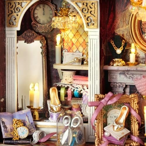 CUTEROOM DIY Miniature Dollhouse Kit Vintage European Wardrobe, 3D Wooden Diorama Cabinet with LED Light, Handcrafted Princess Palace Theme Desktop Ornament Collectible Gift for Adults - Image 7