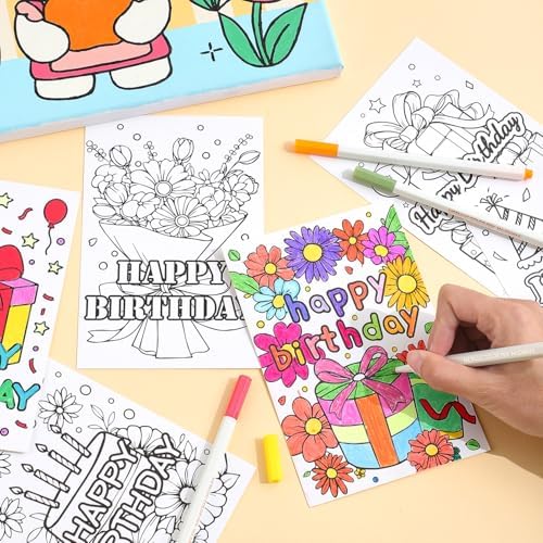Birthday Coloring Cards, 24 Unique Blank Greeting Card Set with Cakes, Flowers & Gifts, DIY Art Craft for Kids, Adults, Holiday Gift Ideas for Mom, Friends, Thank You & Greeting Card Collection - Image 2