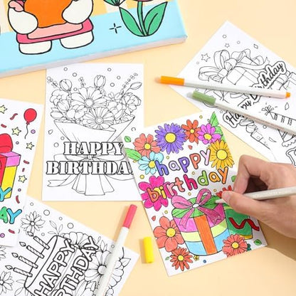 Birthday Coloring Cards, 24 Unique Blank Greeting Card Set with Cakes, Flowers & Gifts, DIY Art Craft for Kids, Adults, Holiday Gift Ideas for Mom, Friends, Thank You & Greeting Card Collection - Image 2