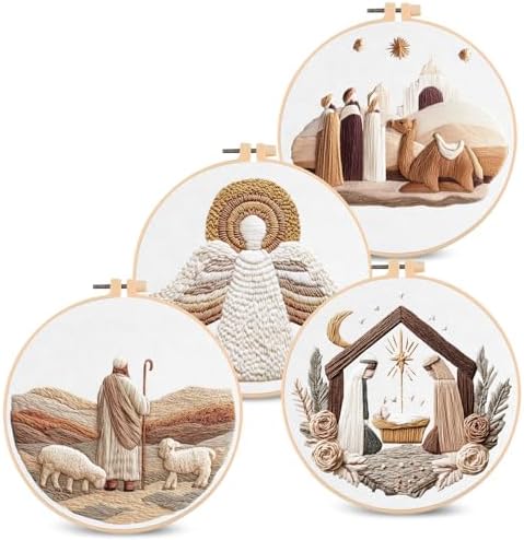 Santune Christian Embroidery kit,Nativity Scene Needlepoint Cross Stitch Kits for Beginners Adult,Needle Point Sets,4 Embroidery,2 Hoops,Christmas Ornaments by Santune