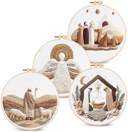 Santune Christian Embroidery kit,Nativity Scene Needlepoint Cross Stitch Kits for Beginners Adult,Needle Point Sets,4 Embroidery,2 Hoops,Christmas Ornaments by Santune