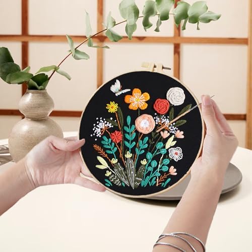 Ohcol Embroidery Kit for Beginners, 4 Floral Patterns, Learn 33 Stitches, Pre-Printed Fabric, Hoop, Colored Threads and Needles, Easy Video Guide, DIY Hand Sewing Gift for Adults and Teens - Image 4