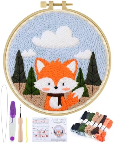 ERKOON Punch Needle Kit for Beginners Adults, DIY Easy Animal Embroidery Set for Starter Art Craft, Needling Punch Project with Patterns, Tools, Yarns, Hoop, Instruction (Fox) by ERKOON