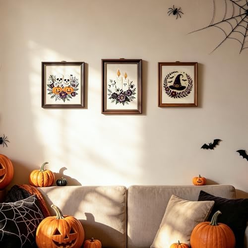FONNUY Halloween Embroidery Kits for Beginners,Skull Pumpkin Spider Web Floral Stamped Cross Stitch Kit for Adults, Spooky Season Boho Wall Decor, 8'' Hoop (Candles) - Image 6
