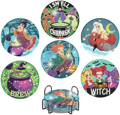 6 Pcs Diamond Paintings Coasters Kits with Holder, DIY Halloween Coaster Diamond Art Kits, Full Drill Rhinestone Painting Kits for Adults, Beginners Art Craft Supplies by tigdtiu