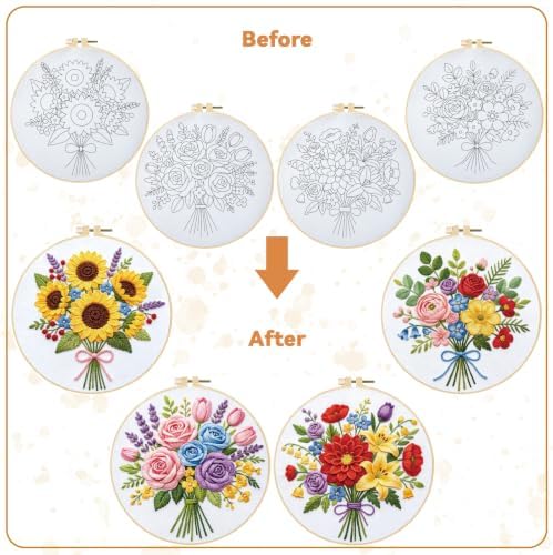 BEUNITONE 4pcs Embroidery Kit, Flower Stamped Embroidery Kits with Hoop, Thread & Needles, Colorful Bouquet Cross Stitch Kits Sewing Gifts for Adults and Beginners, DIY Craft for Relaxation - Image 4