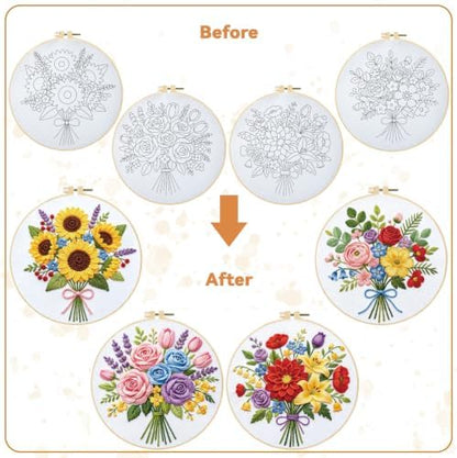 BEUNITONE 4pcs Embroidery Kit, Flower Stamped Embroidery Kits with Hoop, Thread & Needles, Colorful Bouquet Cross Stitch Kits Sewing Gifts for Adults and Beginners, DIY Craft for Relaxation - Image 4