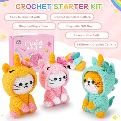 Crochet Kit for Beginners - 3 PCS Unicorn Cat Crochet Kits with Step-by-Step Video Tutorials, Beginner Crochet Kit for Adults, Crochet Animal Kit for Starters, Cat Dressed as Unicorn Set - Image 5
