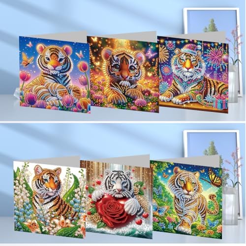 jinglinhh 6pcs Tiger Tulip Flowers Red Rose Firework Butterfly Diamond Art Painting Greeting Cards with Envelopes, DIY Card Making Kits for Adults, Diamond Art Postcards Christmas Cards Craft Gifts - Image 4