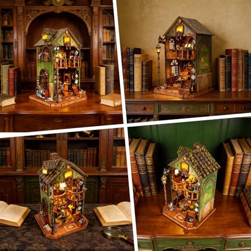 Book Nook DIY Miniature House Kit, 3D Wooden Puzzle Coffee House Dollhouse with Light & Tools, Creative Bookshelf Insert Craft Gifts for Adults Teens (Owl Library) - Image 5