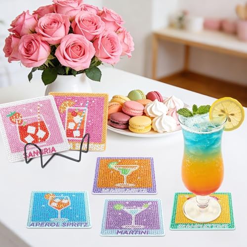 UPINS 8Pcs Cocktail Diamond Art Coasters,Summer Beach Diamond Art Coasters with Holder for Adults DIY Drink Bar Party Home Warming Gifts - Image 6