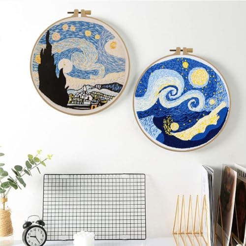 Esffaci Embroidery Starter Kit for Adults Beginners with Van Gogh Starry Night Pattern Stamped Cross Stitch Set with Embroidery Cloth Hoop Needles Threader Colorful Floss and Instruction - Image 4
