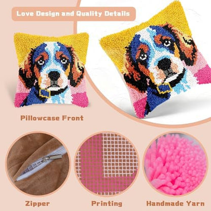 Miaceito Pre-Printed Colorful Dog Latch Hook Pillow Kits for Adults Beginners, Cozy DIY Latch Hook Kits Includes Wooden Hook 17x17 Inch Home Decor Sofa Cushion - Image 4