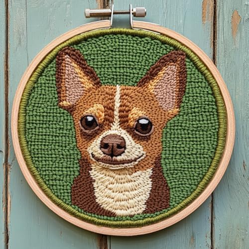 DIY Punch Needle Kits Cute Cartoon Brown Chihuahua Dog with Hoop 20x20cm-1 by Unknown