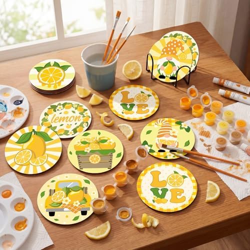 Reallnaive 8 Pcs Lemon Paint by Numbers Kit for Adults Wooden Coasters - Image 2