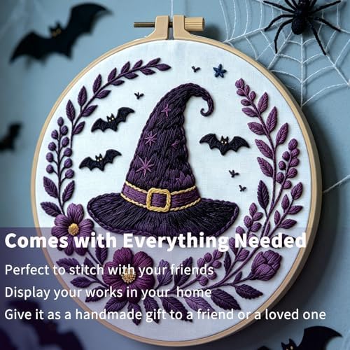 FONNUY Halloween Embroidery Kits for Beginners,Skull Pumpkin Spider Web Floral Stamped Cross Stitch Kit for Adults, Spooky Season Boho Wall Decor, 8'' Hoop (Witch Hat) - Image 3