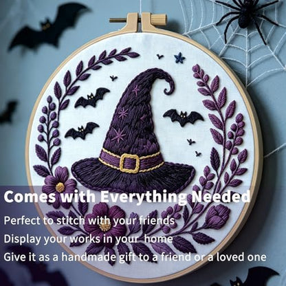 FONNUY Halloween Embroidery Kits for Beginners,Skull Pumpkin Spider Web Floral Stamped Cross Stitch Kit for Adults, Spooky Season Boho Wall Decor, 8'' Hoop (Witch Hat) - Image 3