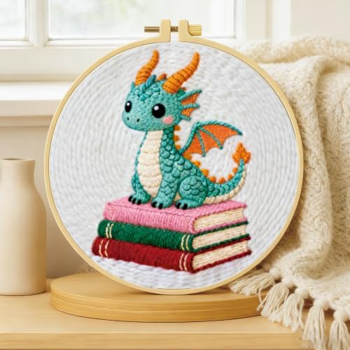 BEUNITONE 2PCS Punch Needle Kits with Dragon Book Pre-print Pattern Easy for Beginners, DIY Craft Embroidery Needlepoint Kits for Adults with Hoop Punch Needle Set for Craft Lovers Home Decor 7.9x7.9" - Image 5