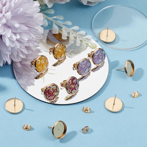 Beebeecraft 1 Box 50Pcs Earring Bezels Trays 18K Gold Plated Blanks Round Cabochon Prong Post Settings Stud Earring Findings with 12mm Tray and 50Pcs Earring Backs for Earring Jewelry Making - Image 4