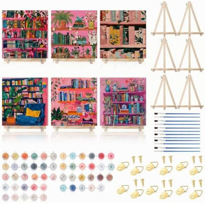YooNotee 6 Pack Paint by Numbers Kit for Adults Pink Bookshelf Adult Paint by Number Kits for Women on Canvas Book DIY Acrylic Painting on 8x8 Inch Canvas with Wooden Easels & Brushes, Home Wall Decor by Unknown
