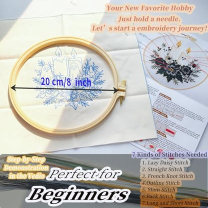 FONNUY Halloween Embroidery Kits for Beginners,Skull Pumpkin Spider Web Floral Stamped Cross Stitch Kit for Adults, Spooky Season Boho Wall Decor, 8'' Hoop (Candles) - Image 5