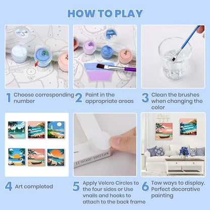 Bowetile 6 Pack Landscape Paint by Numbers for Adults Beginners Framed, Easy Adult Paint by Number Kits on Canvas, Acrylic Painting for Home Decor, 8x8in - Image 7
