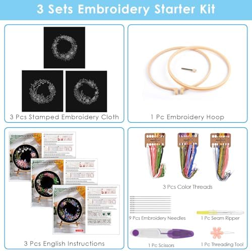 ERKOON 3 Sets Embroidery Kit, Floral Cross Stitch Set for Include Embroidery Cloth Hoops Threads for Craft Lover Hand Stitch (Garlands) - Image 3