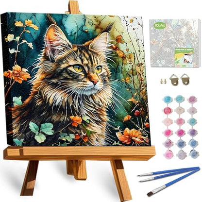 TOCARE Framed Paint by Numbers Kit for Adults Beginners, 12x12inch Cat Paint by Number with Frame,Easy Dragon Li Cat Paint by Numbers Framed Canvas(Without Easel) by TOCAREDirect