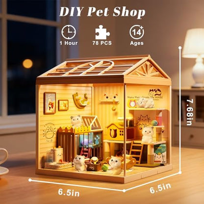 DIY Pet Cat Miniature House Kit, 78-Piece Mini Dollhouse with Furniture & LED Light with Roof & Dust Covers Tiny House Toy for Adults - Image 2
