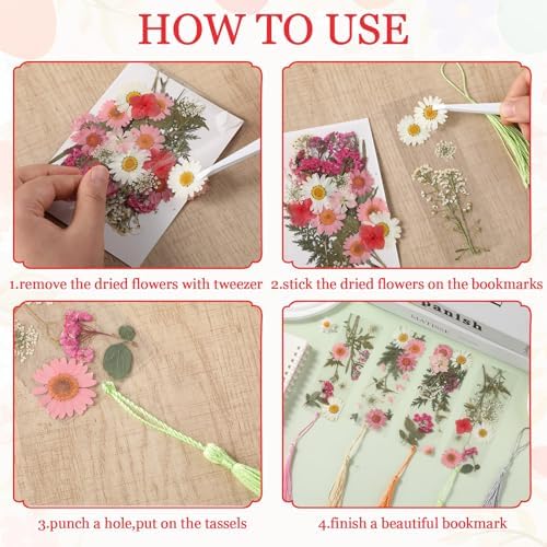 20 Sets Dried Flower Bookmark Making Kit Transparent Bookmark DIY Projects Craft Gift Bulk PET Sticker with Color Tassels and tweezer for Classroom Activities Reading Award and Book Lovers（Summer） - Image 4