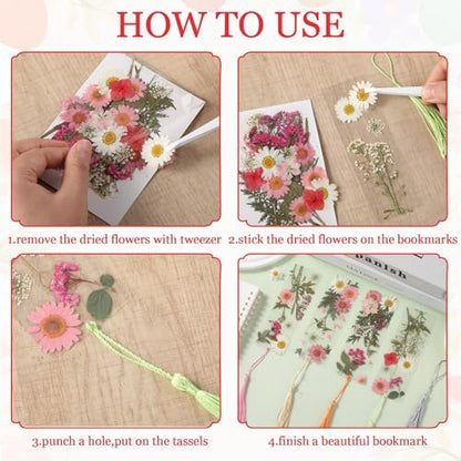 20 Sets Dried Flower Bookmark Making Kit Transparent Bookmark DIY Projects Craft Gift Bulk PET Sticker with Color Tassels and tweezer for Classroom Activities Reading Award and Book Lovers（Summer） - Image 4