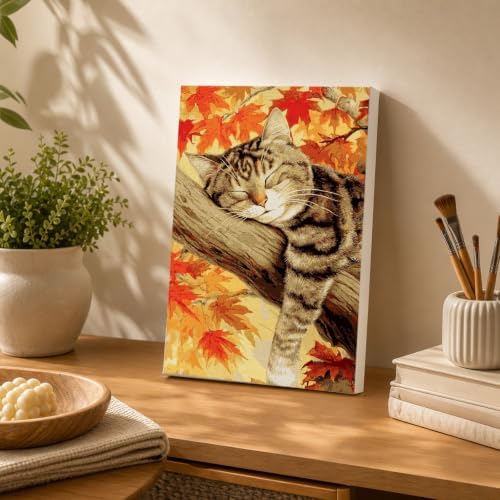 Spandrel Framed Paint by Numbers Cat Kit for Adult, Autumn Adult Paint by Number Kits on Canvas, DIY Acrylic Oil Easy Halloween Painting by Numbers Fall for Home Wall Decor, 8x12in - Image 4
