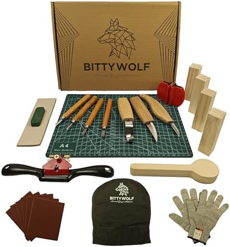 BittyWolf Wood Carving Kit , 24Pcs, Whittling Kit for Beginners, Knife Set with Cut Resistant Gloves, Wooden Blocks, Knife Sharpener and Hand Planer by Unknown