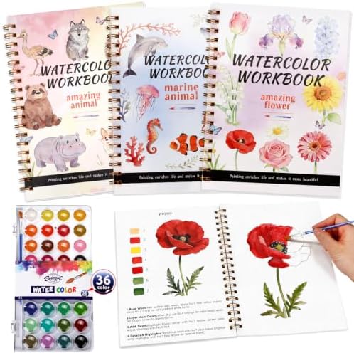 Landhoow 3 Pcs Watercolor Workbooks for Beginner with 36color Paint Brush by Landhoow