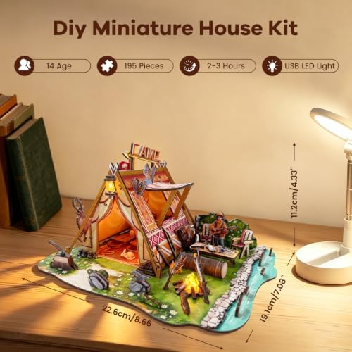 Wild Camping Miniature House Kit, 195PCS DIY Wooden Model Kit with LED Light,3D Wooden Puzzle Craft Home Decor, Gift for Teens & Adults 14+ - Image 2
