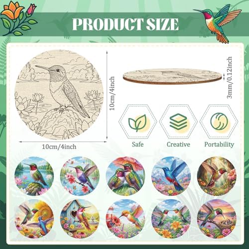 Reallnaive 45 Pcs Wooden Coasters Painting Set with Markers 4 Inch Boho Drink Coaster Gift Arts and Crafts DIY Kit for Adults, Women, Hobby, Ornament Home Apartment Decoration (Hummingbird) - Image 2