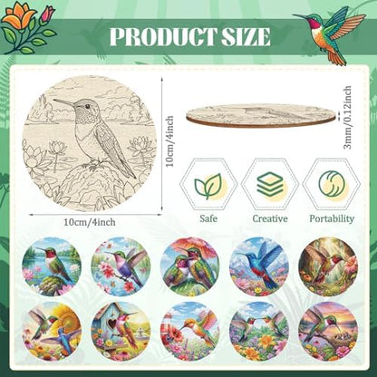 Reallnaive 45 Pcs Wooden Coasters Painting Set with Markers 4 Inch Boho Drink Coaster Gift Arts and Crafts DIY Kit for Adults, Women, Hobby, Ornament Home Apartment Decoration (Hummingbird) - Image 2